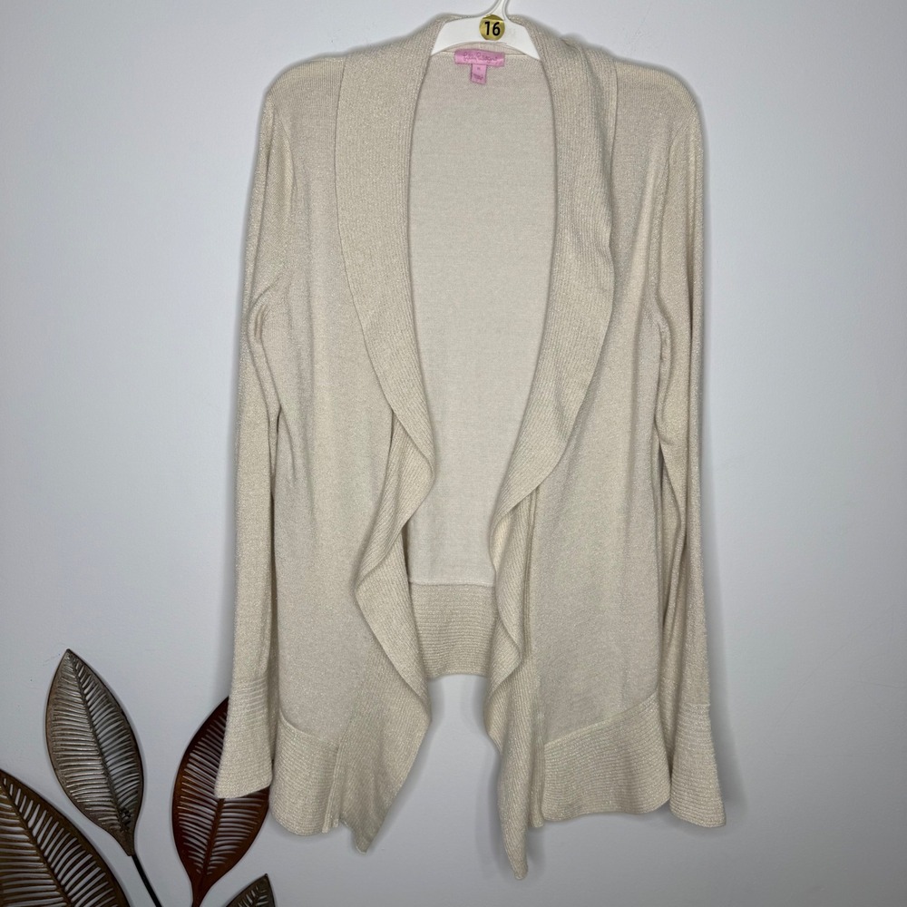 H15 Lilly Pulitzer Abelle Cardigan Gold Metallic Draped Waterfall Open Front XL - Picture 2 of 7